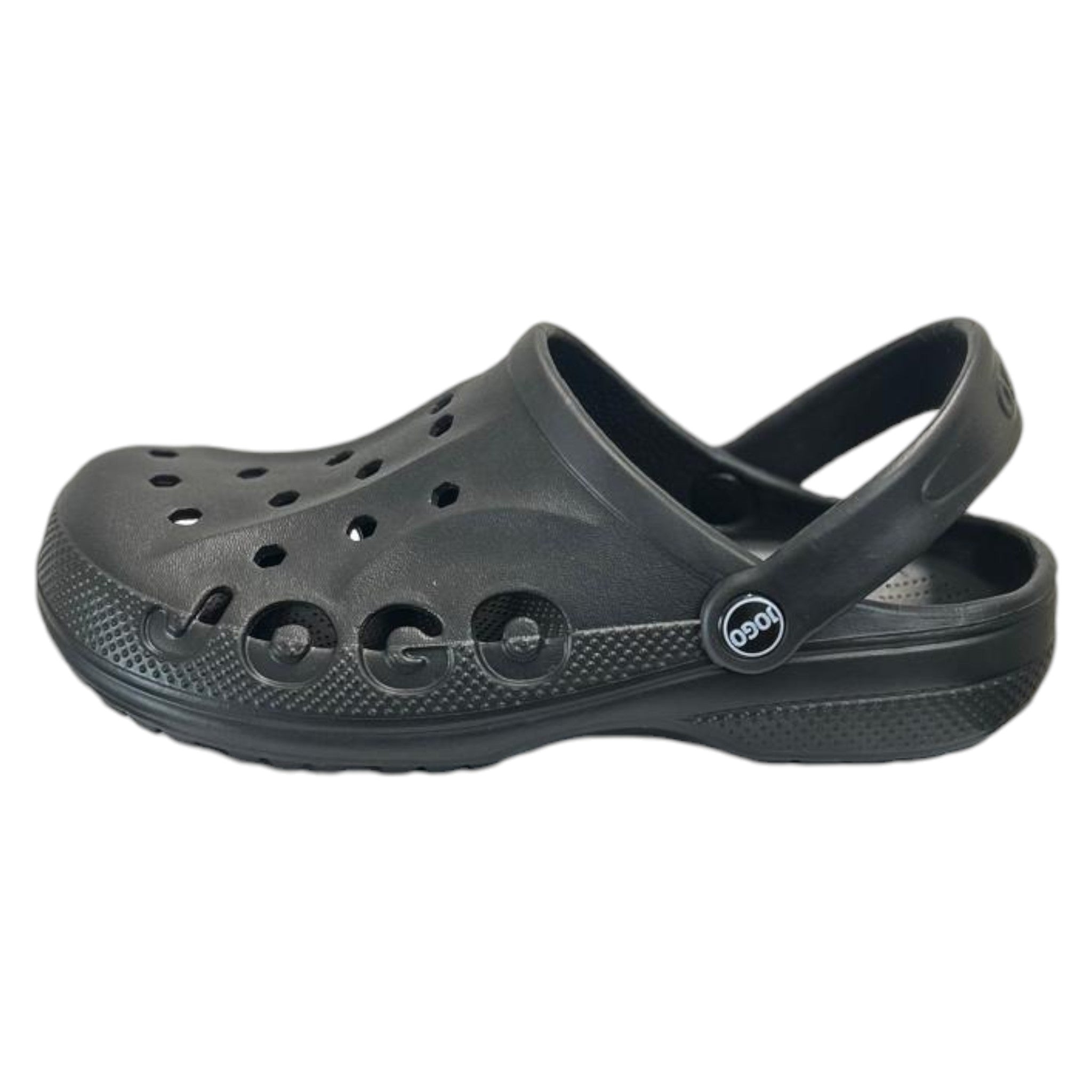 Black Jogo clogs with breathable ventilation holes and adjustable heel strap – lightweight unisex slip-on garden shoes